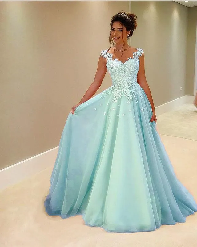 Illusion Neckline Prom Dresses Long Lace Appliques
