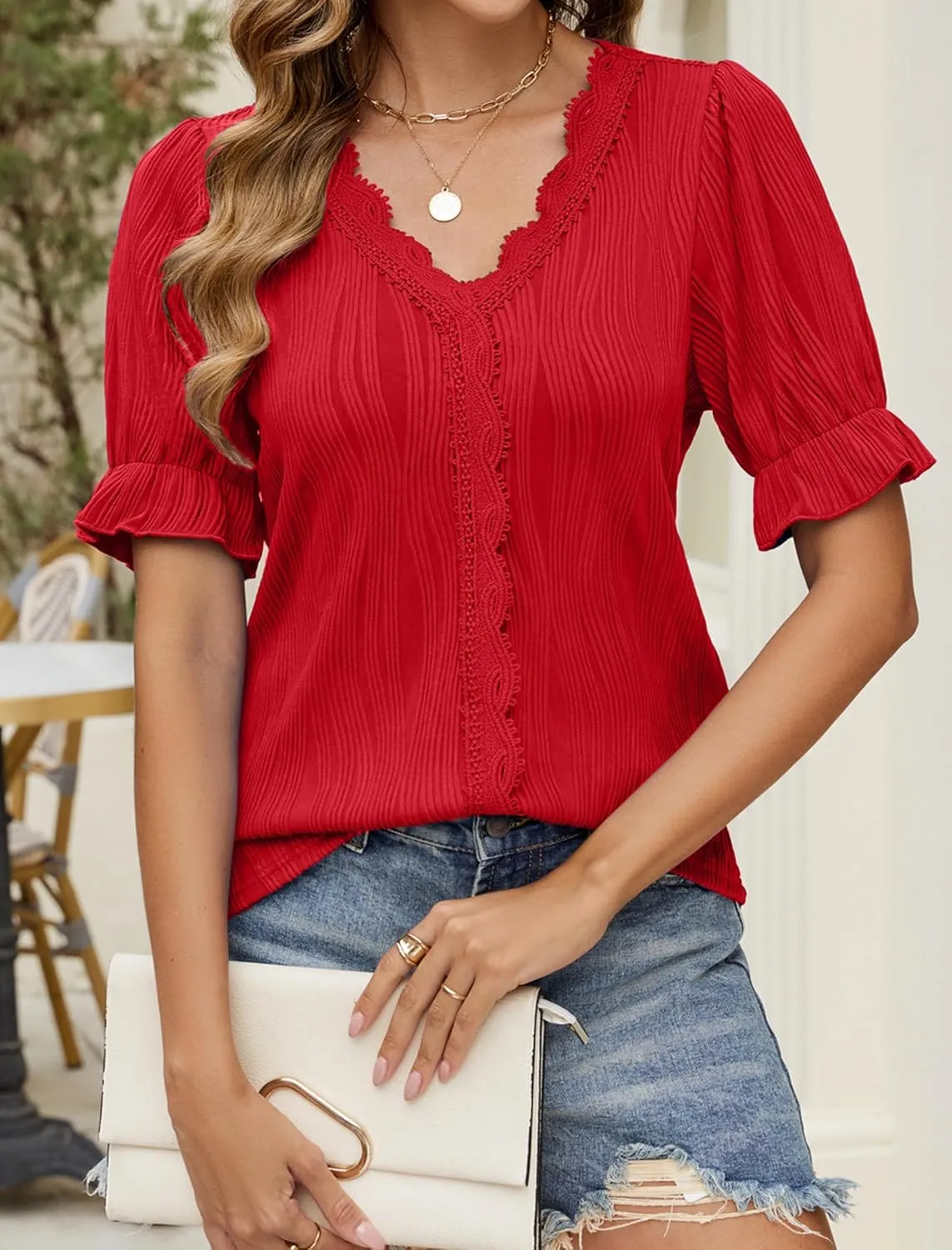 JUSTFASHIONNOW Women's Elegant Lace V Neck Short Sleeve Solid Tops Shirt Blouse