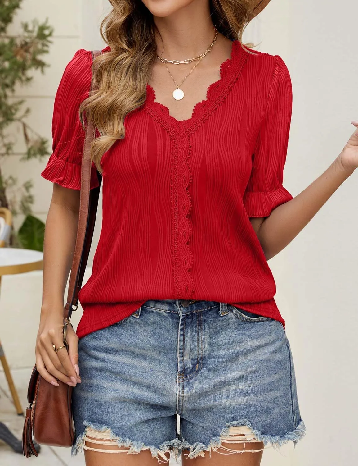 JUSTFASHIONNOW Women's Elegant Lace V Neck Short Sleeve Solid Tops Shirt Blouse
