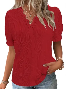 JUSTFASHIONNOW Women's Elegant Lace V Neck Short Sleeve Solid Tops Shirt Blouse