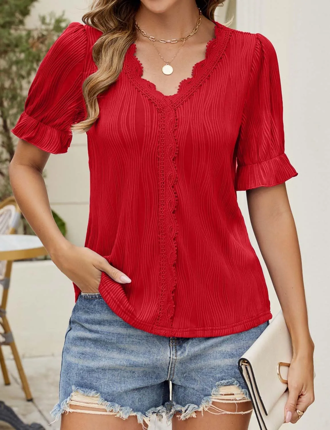 JUSTFASHIONNOW Women's Elegant Lace V Neck Short Sleeve Solid Tops Shirt Blouse