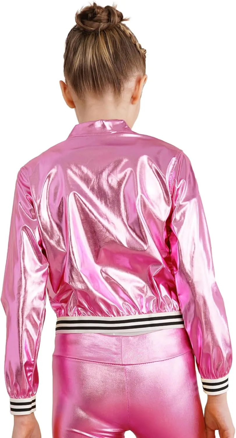 Kids Girls Holographic Halloween Party Shiny Lightweight Zipper Blazer Metallic Bomber Jacket