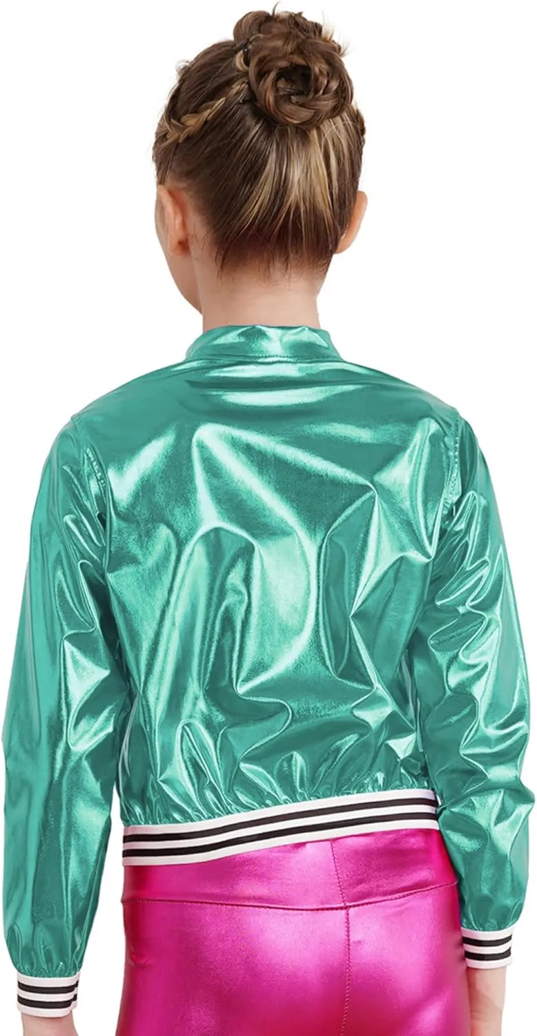 Kids Girls Holographic Halloween Party Shiny Lightweight Zipper Blazer Metallic Bomber Jacket