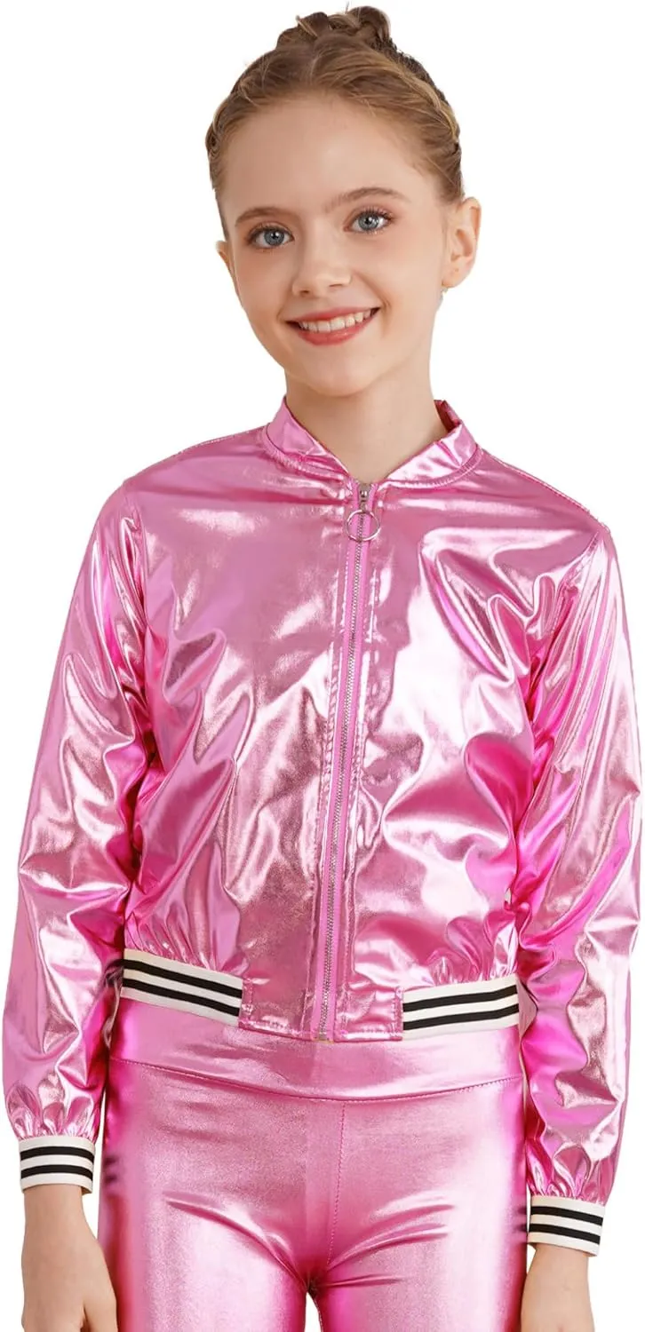 Kids Girls Holographic Halloween Party Shiny Lightweight Zipper Blazer Metallic Bomber Jacket