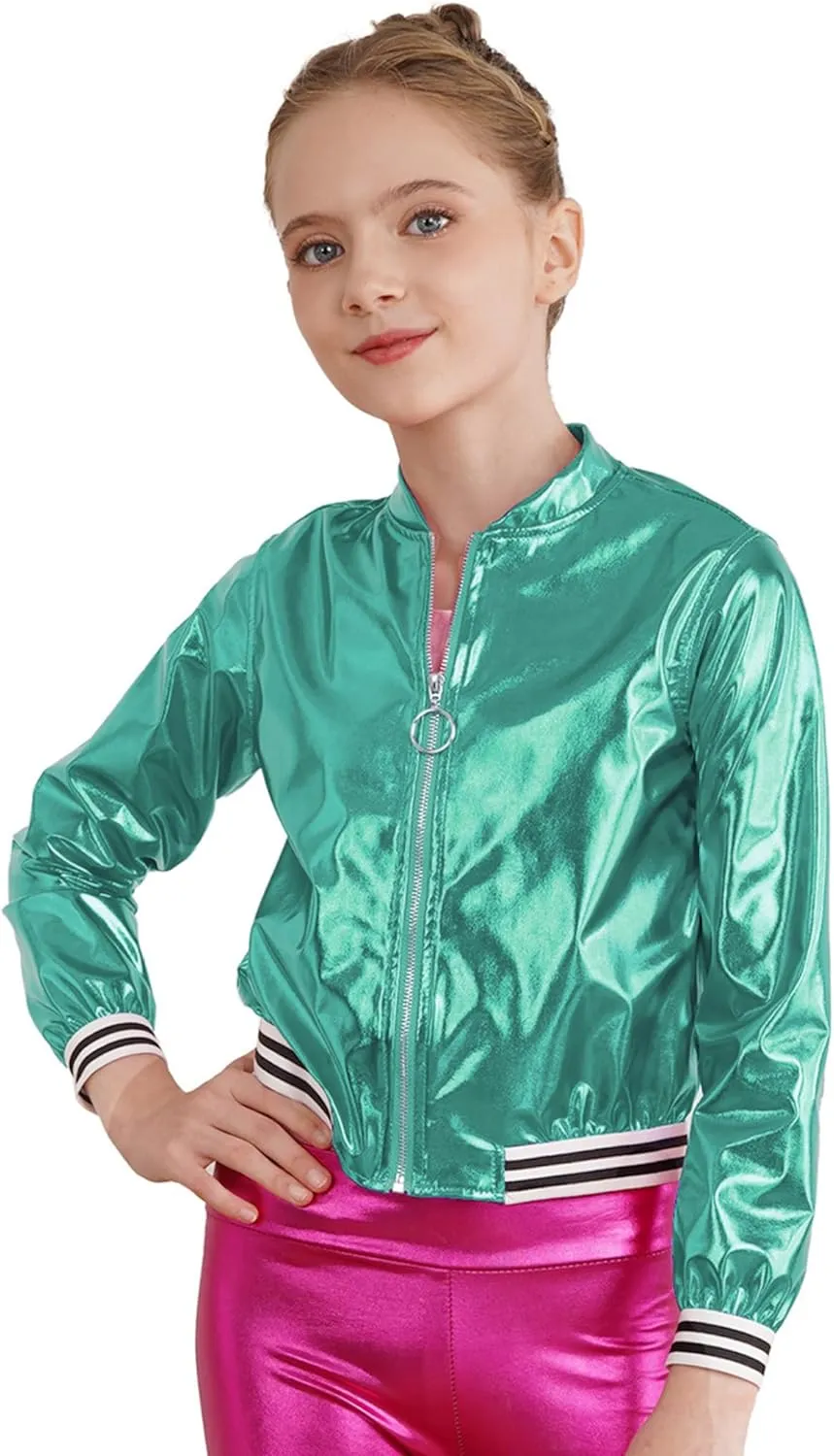 Kids Girls Holographic Halloween Party Shiny Lightweight Zipper Blazer Metallic Bomber Jacket
