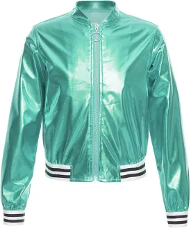 Kids Girls Holographic Halloween Party Shiny Lightweight Zipper Blazer Metallic Bomber Jacket