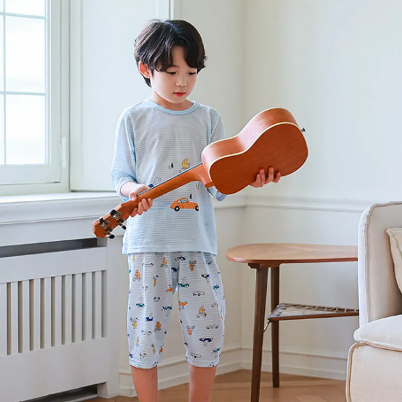 Kids Summer Short Shirt Cotton Cool Mesh Pajamas Set - Car Racing