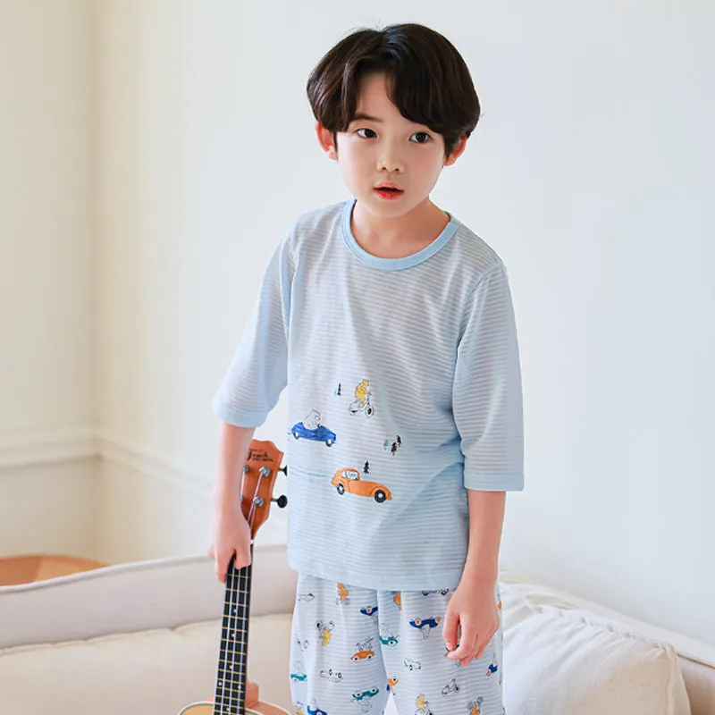 Kids Summer Short Shirt Cotton Cool Mesh Pajamas Set - Car Racing