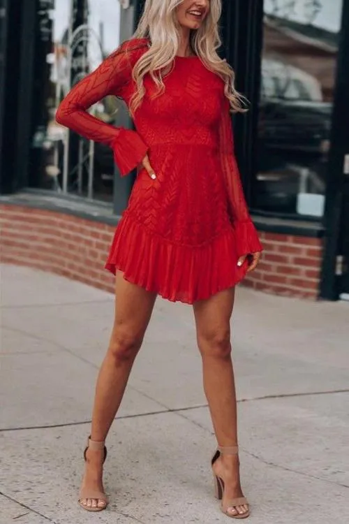 Lace Pleated Long Sleeve Ruffle Dress