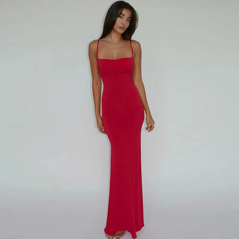 LVSANW 161 red Sexy Backless Sleeveless Slip Maxi Dress for Women Elegant Summer Holiday Beach Sundresses