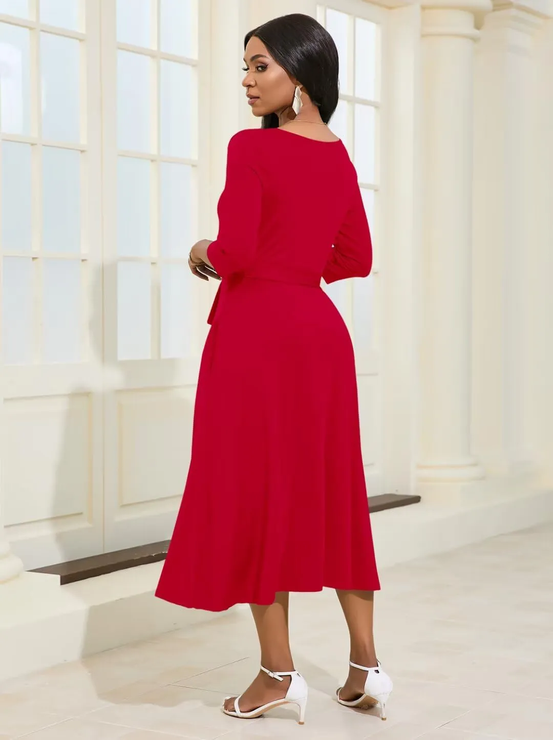 Magritta Midi Dresses for Women Casual 3/4 Sleeve Wrap Dress Plus Size Curvy Cocktail Dresses with Pockets