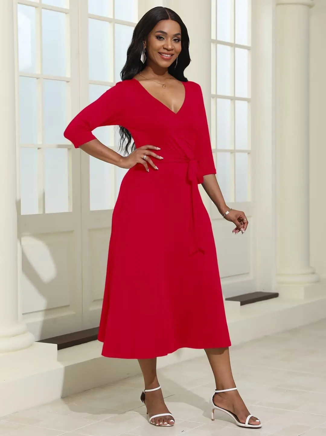 Magritta Midi Dresses for Women Casual 3/4 Sleeve Wrap Dress Plus Size Curvy Cocktail Dresses with Pockets