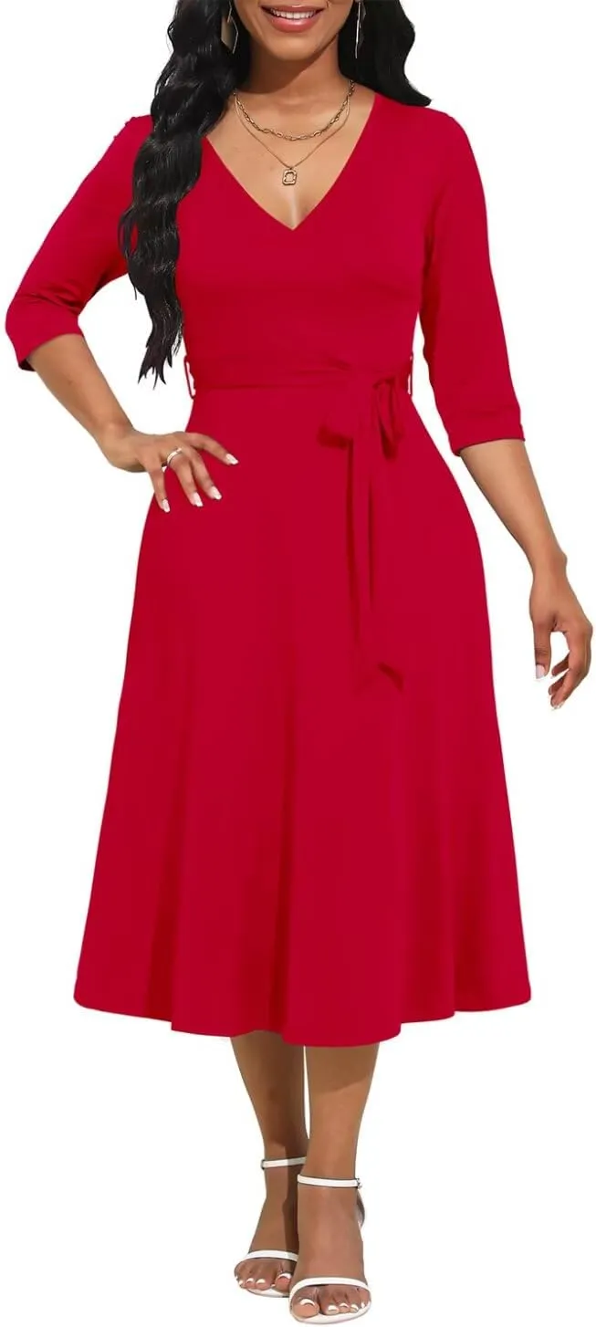 Magritta Midi Dresses for Women Casual 3/4 Sleeve Wrap Dress Plus Size Curvy Cocktail Dresses with Pockets