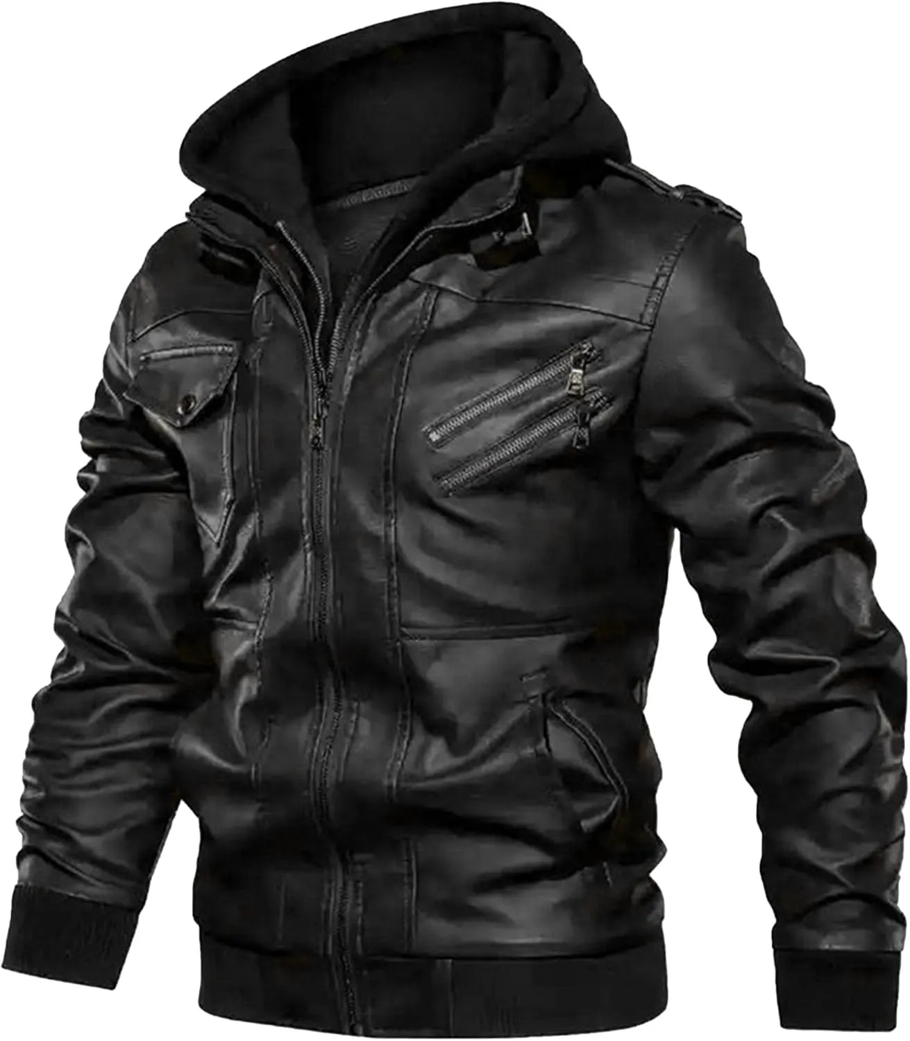 Maiyifu-GJ Men's Vintage Faux Leather Jacket Casual Warm Hooded Leather Jackets Fall Winter Motorcycle Biker Coat Windbreaker