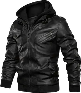 Maiyifu-GJ Men's Vintage Faux Leather Jacket Casual Warm Hooded Leather Jackets Fall Winter Motorcycle Biker Coat Windbreaker
