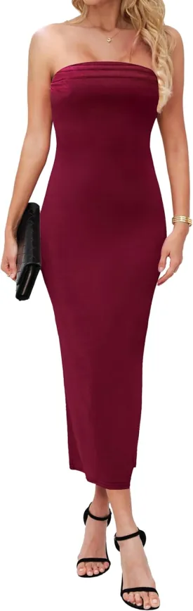 MANER Women's Strapless Bodycon Maxi Tube Dress Ribbed Elegant Casual Long Party Dresses
