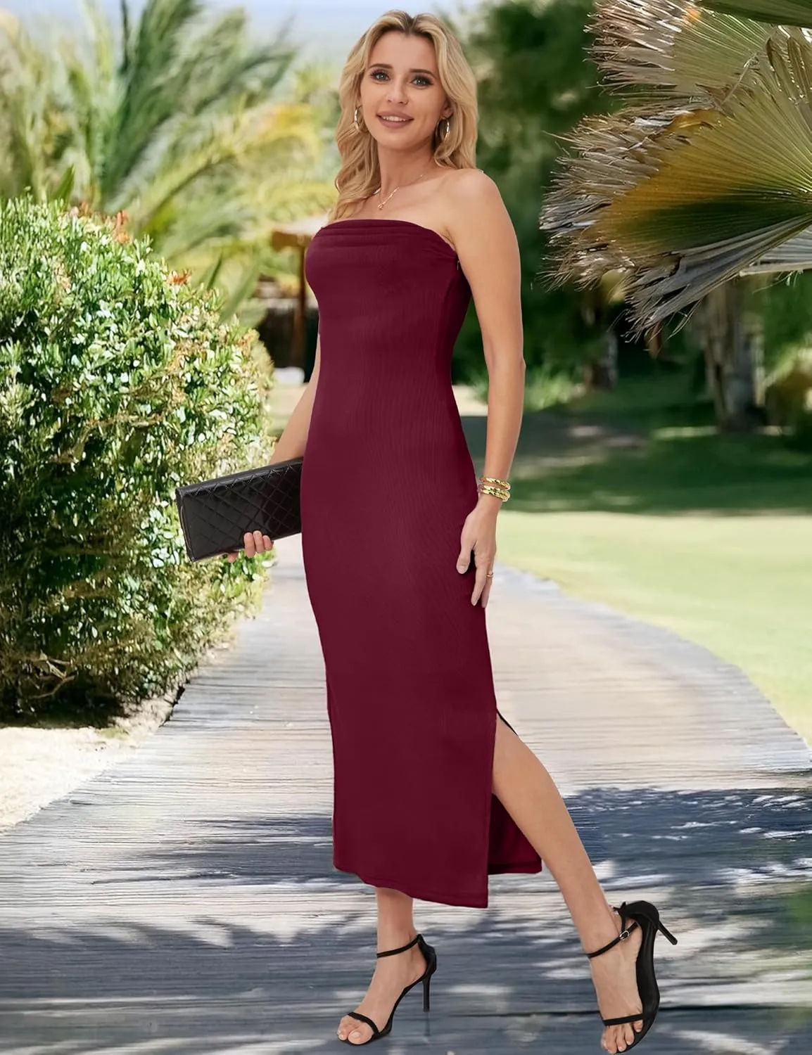 MANER Women's Strapless Bodycon Maxi Tube Dress Ribbed Elegant Casual Long Party Dresses