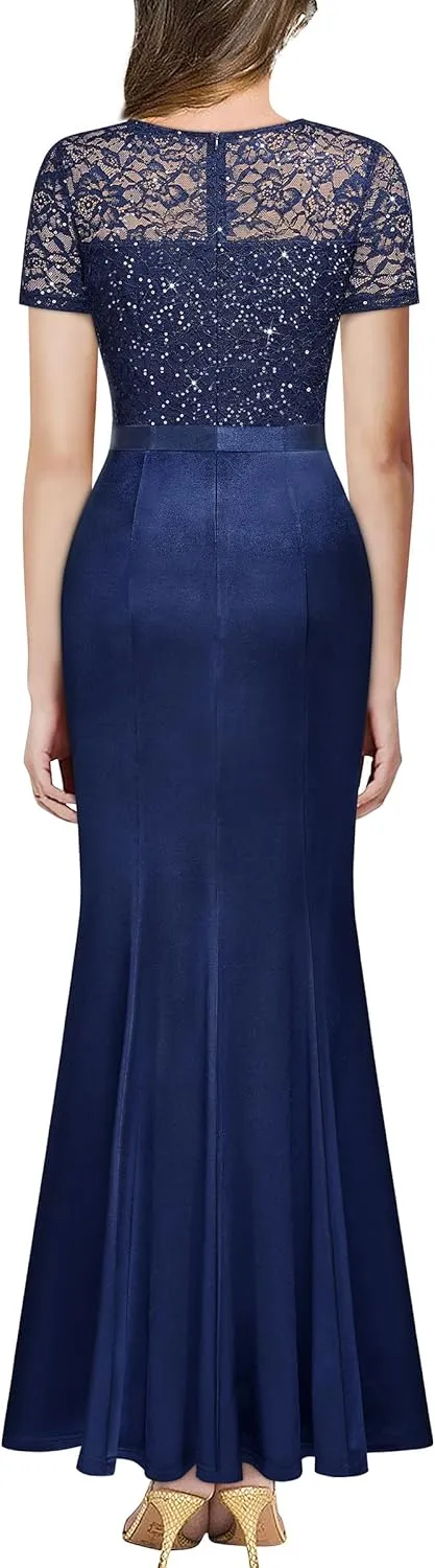 Miusol Women's Elegant Sequin Lace Contrast Ruffle Style Formal Evening Long Dress