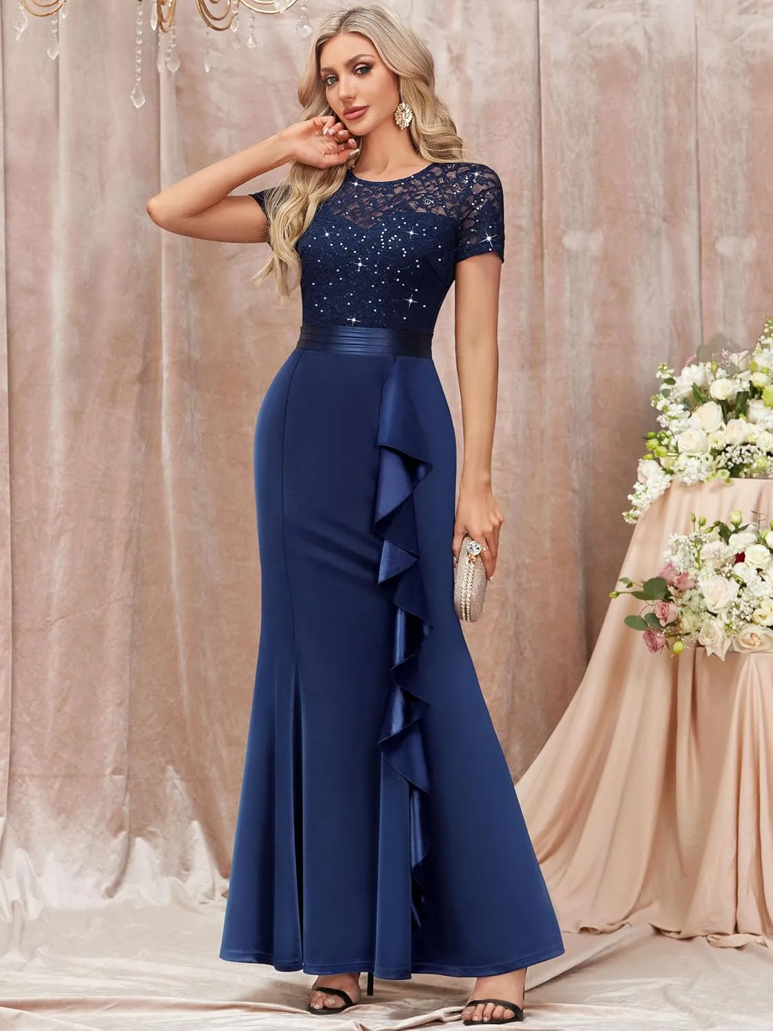 Miusol Women's Elegant Sequin Lace Contrast Ruffle Style Formal Evening Long Dress