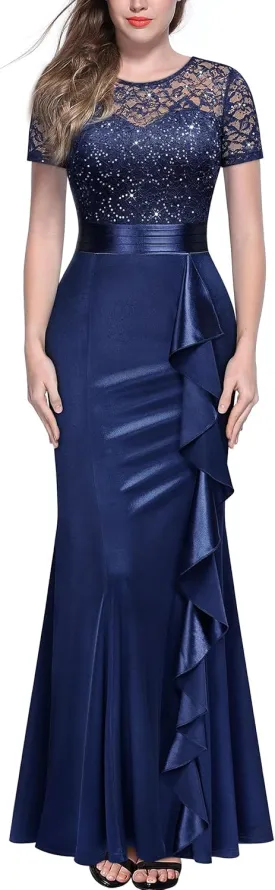 Miusol Women's Elegant Sequin Lace Contrast Ruffle Style Formal Evening Long Dress