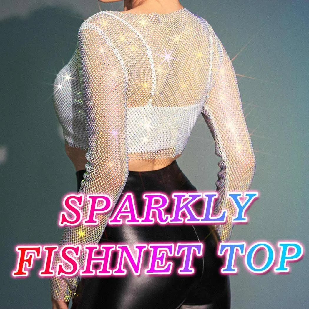 Nicute Mesh Rhinestone Crop Top See Through Crystal Long Sleeve Bodysuit Bikini Tops Sparkly Cover up Shirt Nightclub Party