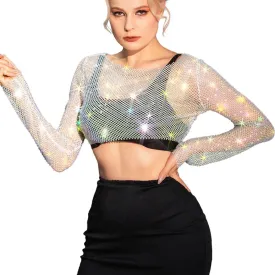 Nicute Mesh Rhinestone Crop Top See Through Crystal Long Sleeve Bodysuit Bikini Tops Sparkly Cover up Shirt Nightclub Party