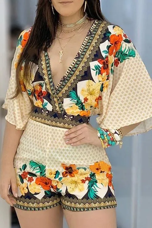 Print V Neck Bat Romper