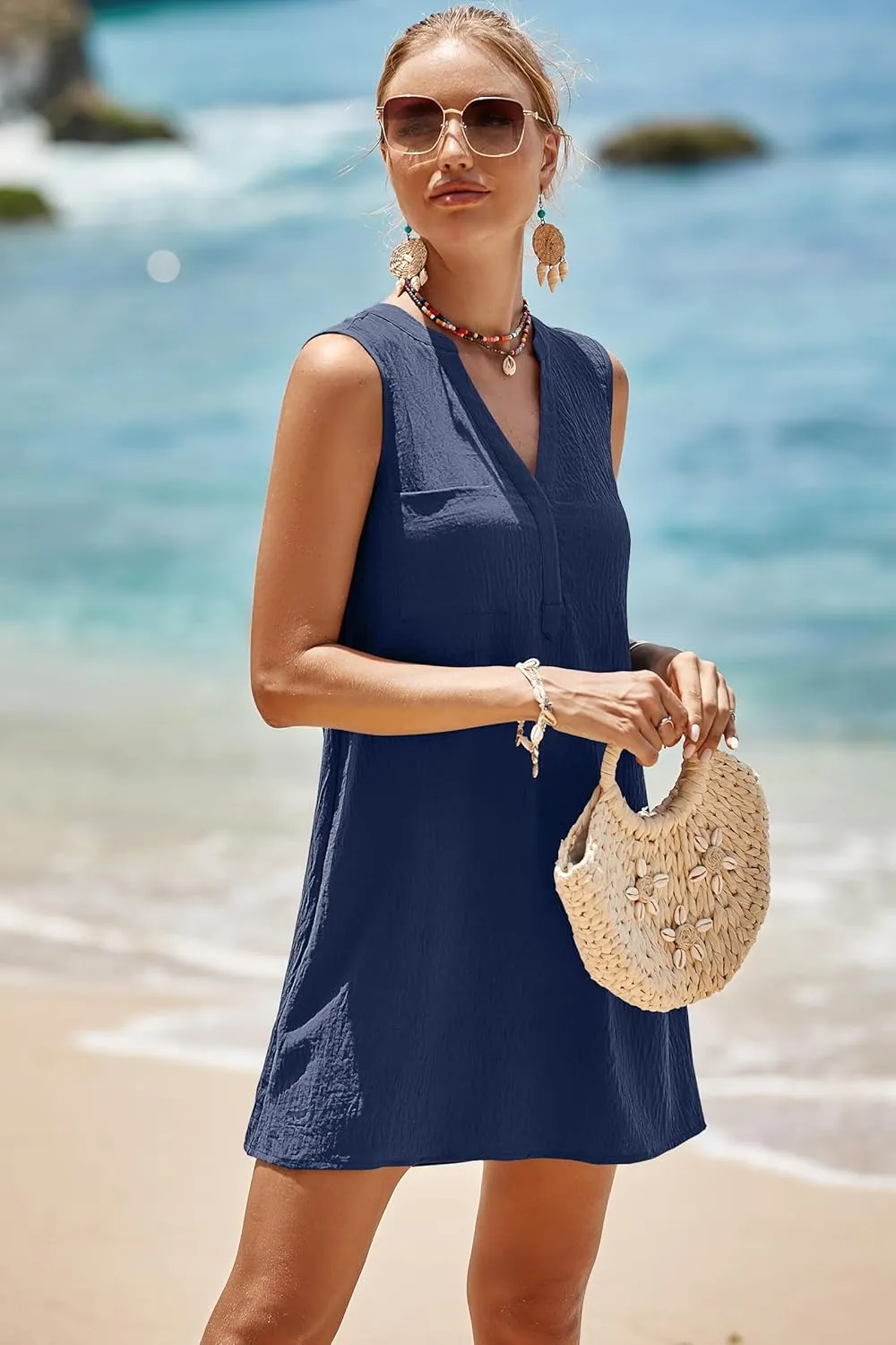 SimpleFun Womens Swimsuit Coverup V-Neck Bathing Suit Cover Up Swimwear Sleeveless Beach Cover Ups Dress With Front Pockets