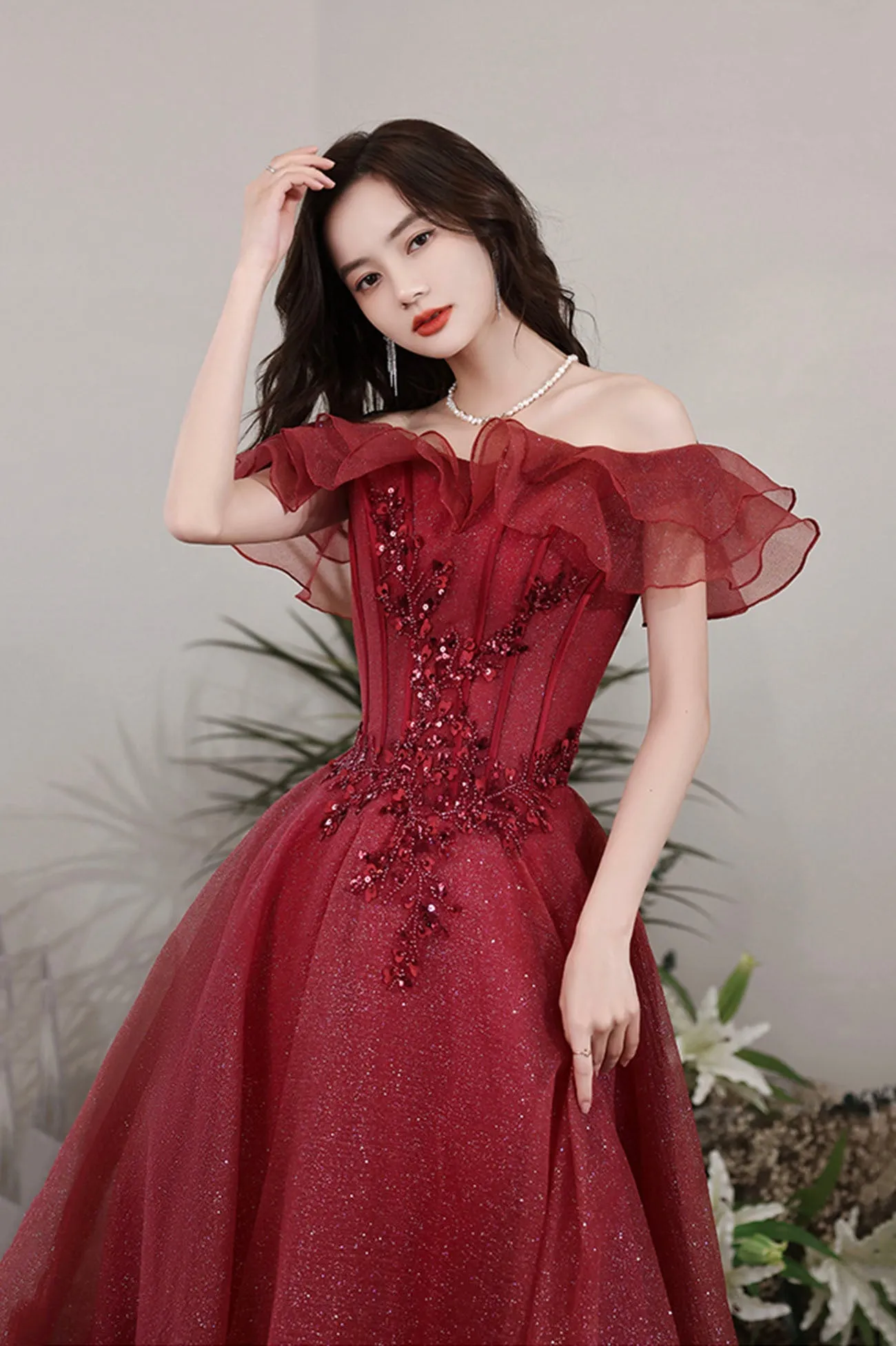 solvbao Burgundy Off the Shoulder Tulle Long Formal Dresses, A-Line Evening Dresses