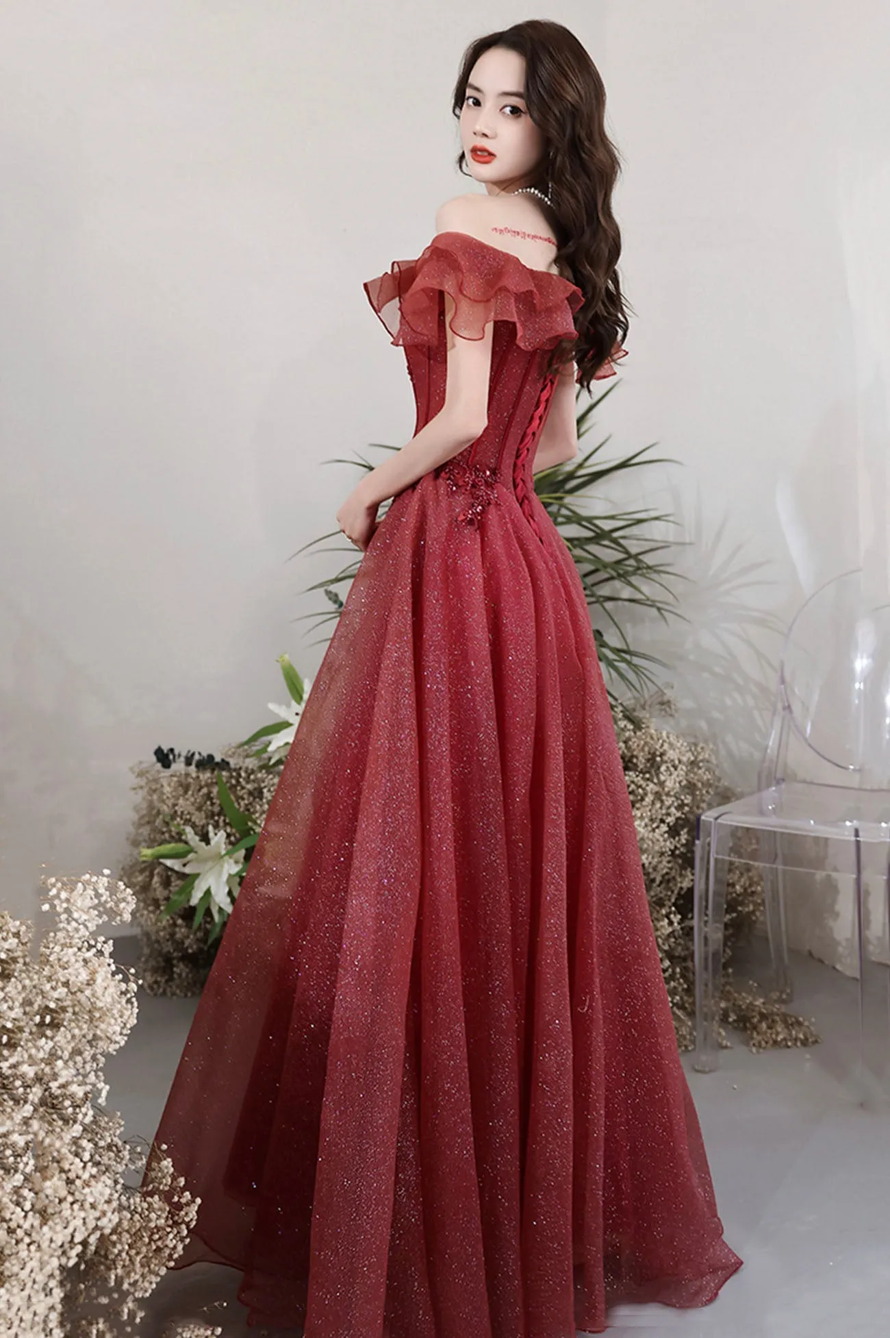 solvbao Burgundy Off the Shoulder Tulle Long Formal Dresses, A-Line Evening Dresses