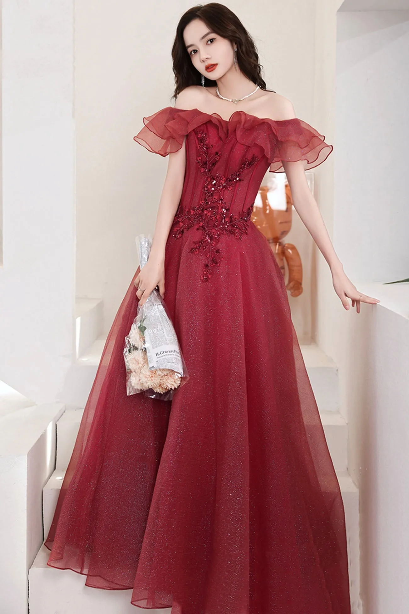 solvbao Burgundy Off the Shoulder Tulle Long Formal Dresses, A-Line Evening Dresses