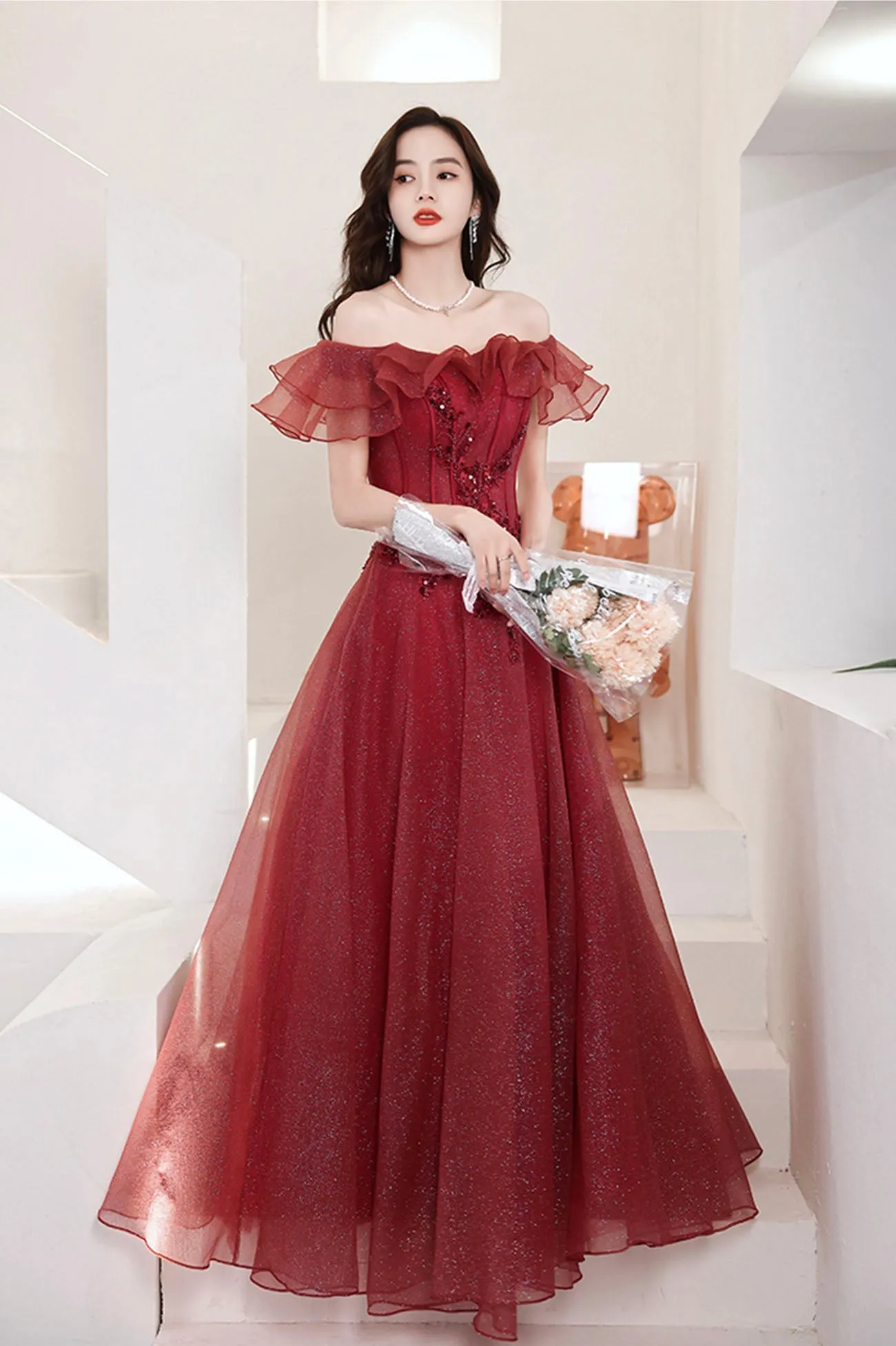 solvbao Burgundy Off the Shoulder Tulle Long Formal Dresses, A-Line Evening Dresses