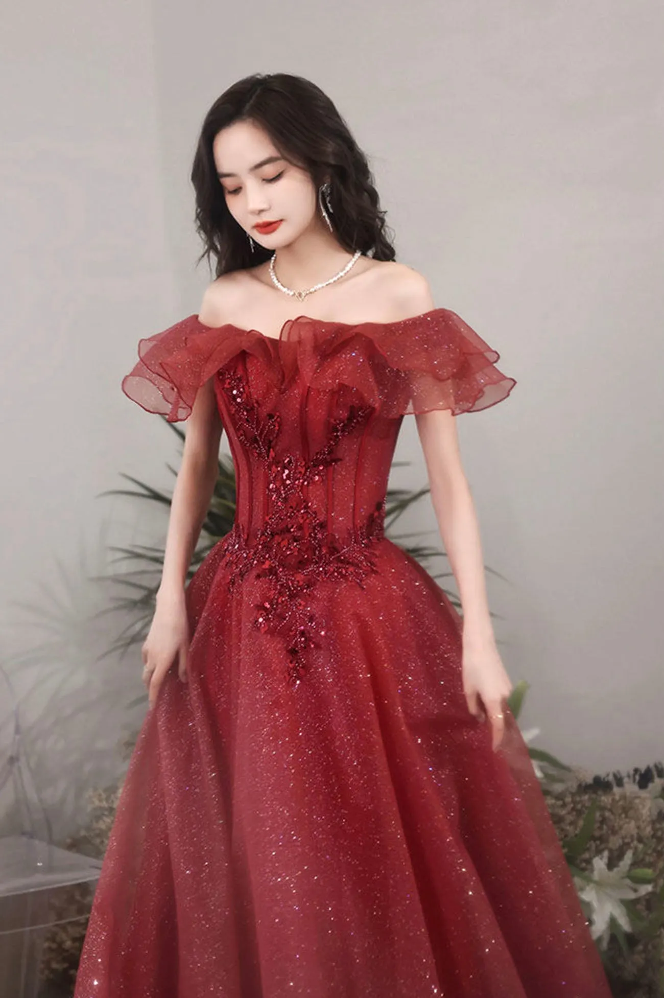 solvbao Burgundy Off the Shoulder Tulle Long Formal Dresses, A-Line Evening Dresses
