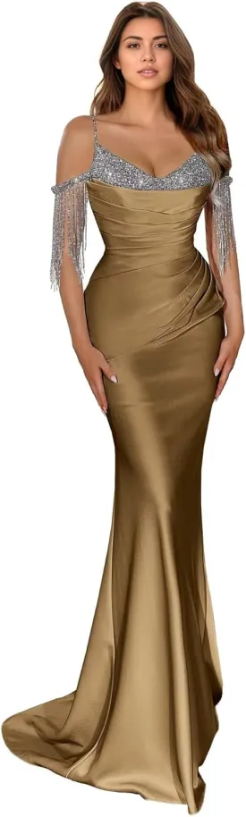 Spaghetti Straps Mermaid Prom Dresses 2024 Long Sparkly Sequin Off The Shoulder Beaded Formal Evening Party Gowns DR0630