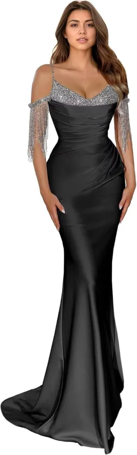 Spaghetti Straps Mermaid Prom Dresses 2024 Long Sparkly Sequin Off The Shoulder Beaded Formal Evening Party Gowns DR0630
