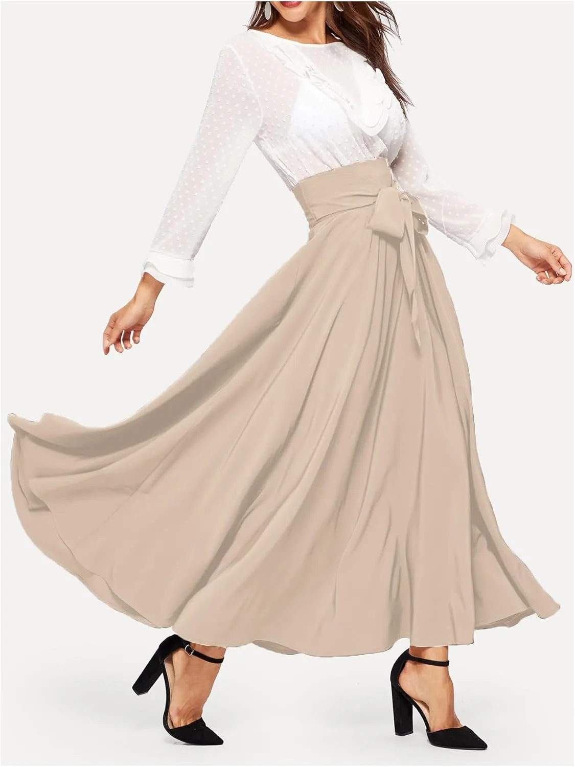SweatyRocks Women's Elegant High Waist Skirt Tie Front Pleated Maxi Skirts