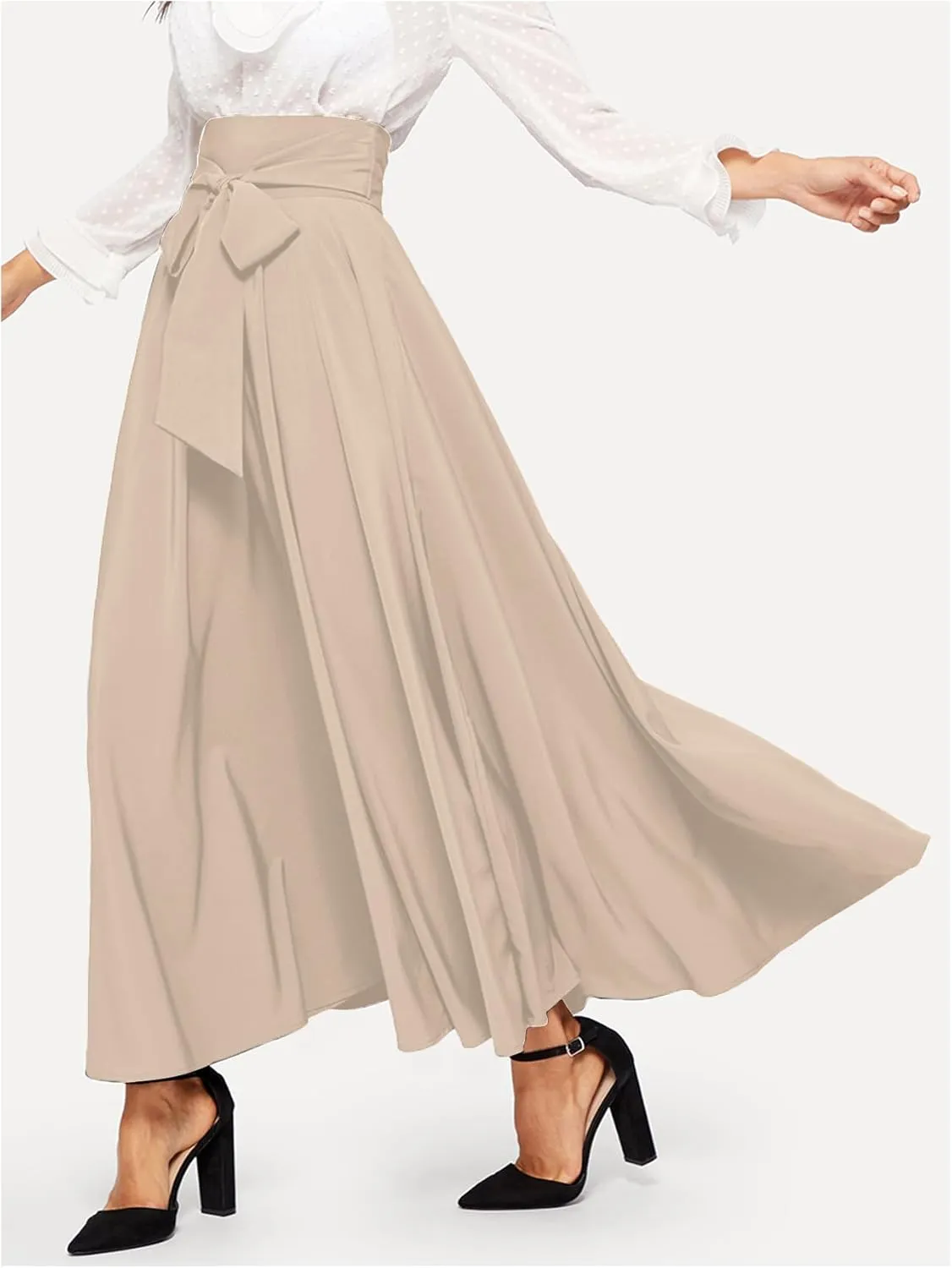 SweatyRocks Women's Elegant High Waist Skirt Tie Front Pleated Maxi Skirts
