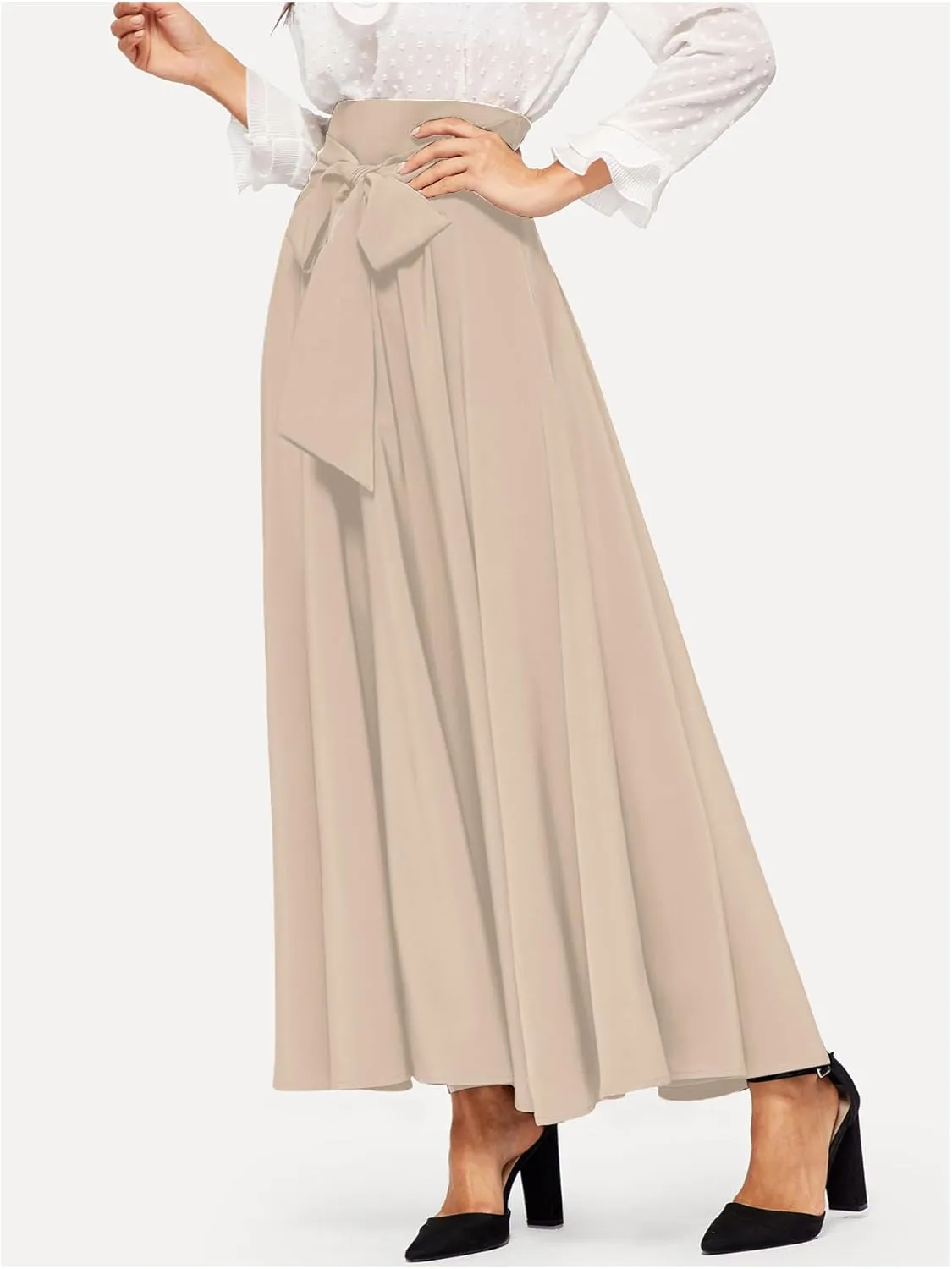 SweatyRocks Women's Elegant High Waist Skirt Tie Front Pleated Maxi Skirts