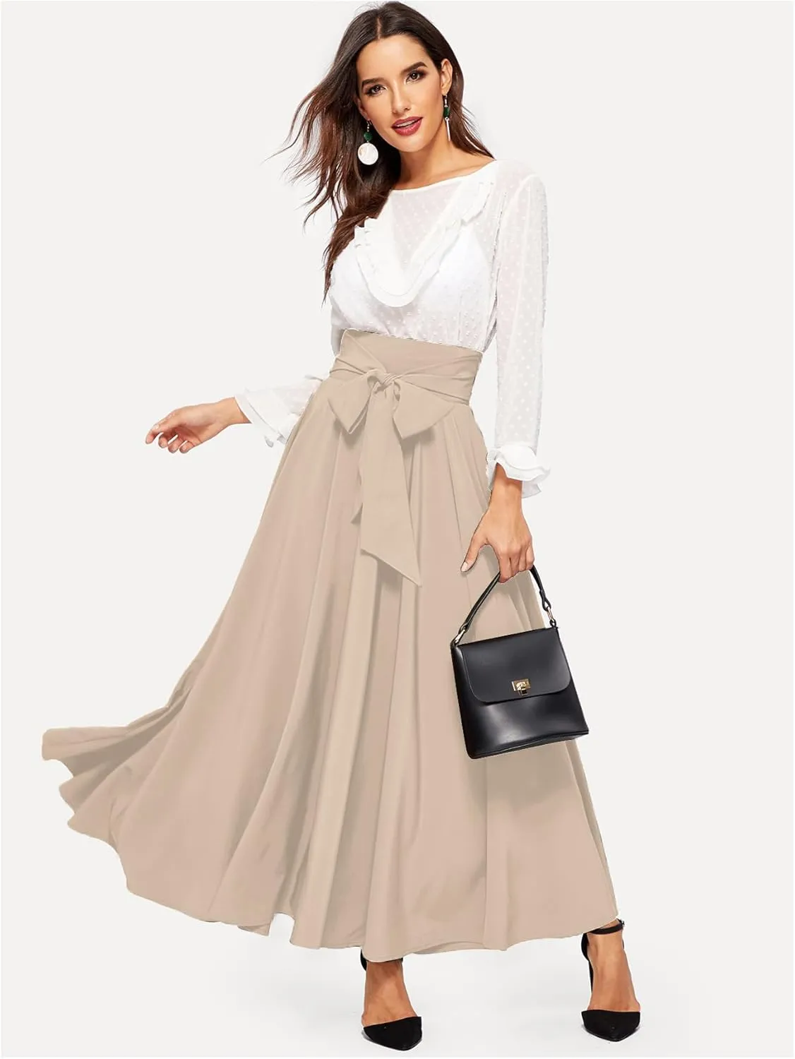 SweatyRocks Women's Elegant High Waist Skirt Tie Front Pleated Maxi Skirts