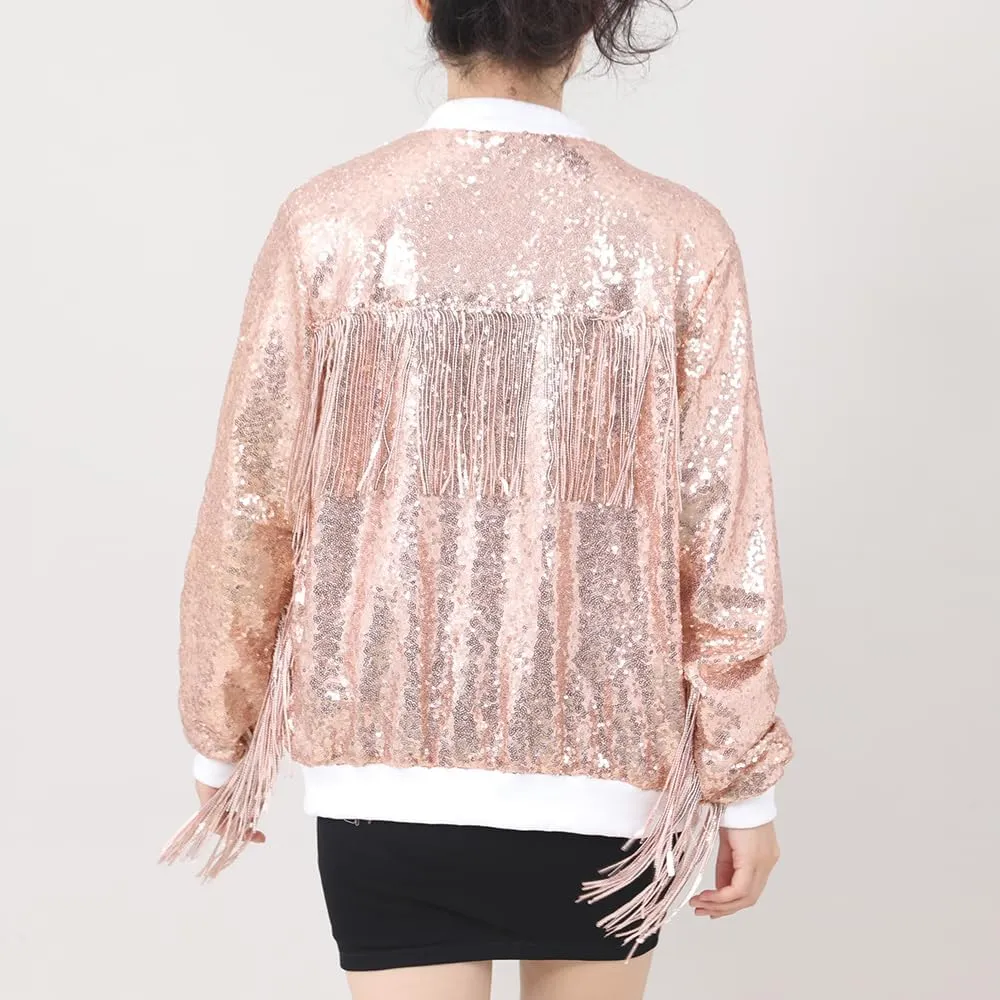 Tessel Sequin Jacket for Women Sparkly Bomber Varsity Trendy Shiny Coat Ladies Glitter Birthday Party Holiday Clothes