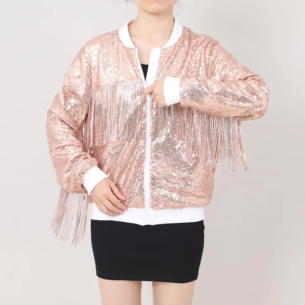 Tessel Sequin Jacket for Women Sparkly Bomber Varsity Trendy Shiny Coat Ladies Glitter Birthday Party Holiday Clothes