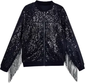Tessel Sequin Jacket for Women Sparkly Bomber Varsity Trendy Shiny Coat Ladies Glitter Birthday Party Holiday Clothes