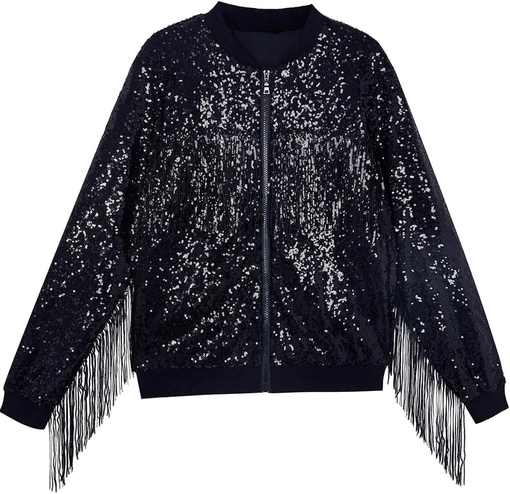 Tessel Sequin Jacket for Women Sparkly Bomber Varsity Trendy Shiny Coat Ladies Glitter Birthday Party Holiday Clothes