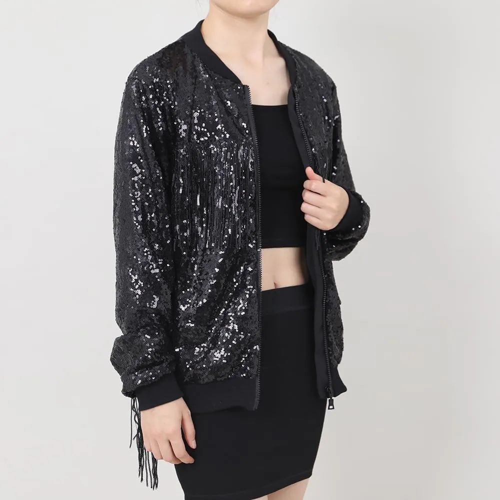 Tessel Sequin Jacket for Women Sparkly Bomber Varsity Trendy Shiny Coat Ladies Glitter Birthday Party Holiday Clothes