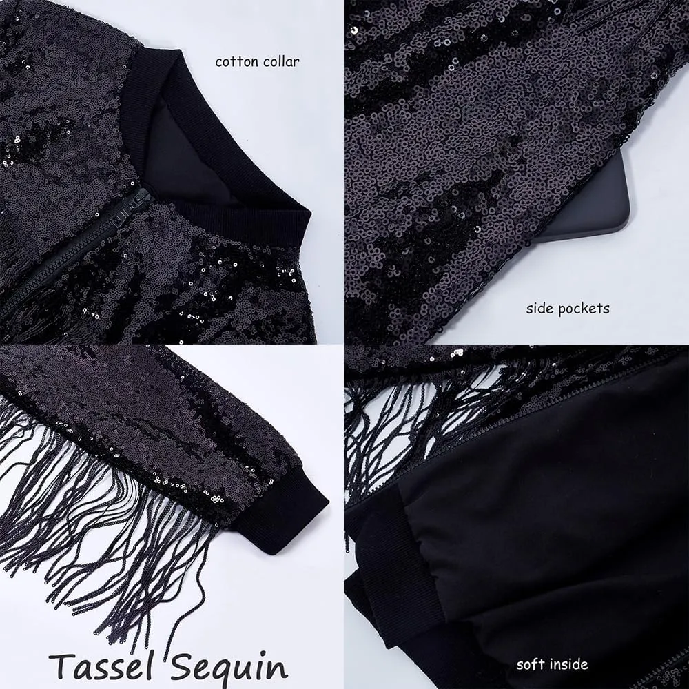 Tessel Sequin Jacket for Women Sparkly Bomber Varsity Trendy Shiny Coat Ladies Glitter Birthday Party Holiday Clothes