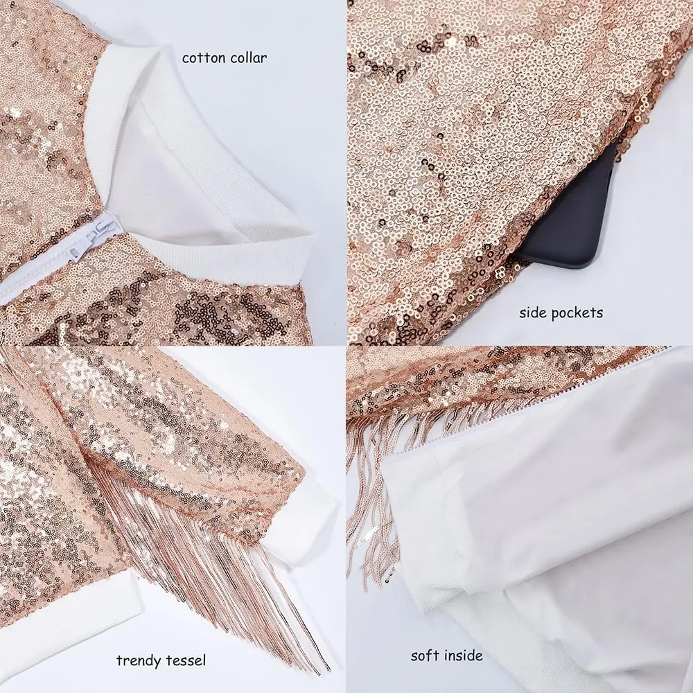 Tessel Sequin Jacket for Women Sparkly Bomber Varsity Trendy Shiny Coat Ladies Glitter Birthday Party Holiday Clothes
