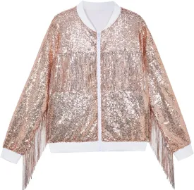 Tessel Sequin Jacket for Women Sparkly Bomber Varsity Trendy Shiny Coat Ladies Glitter Birthday Party Holiday Clothes