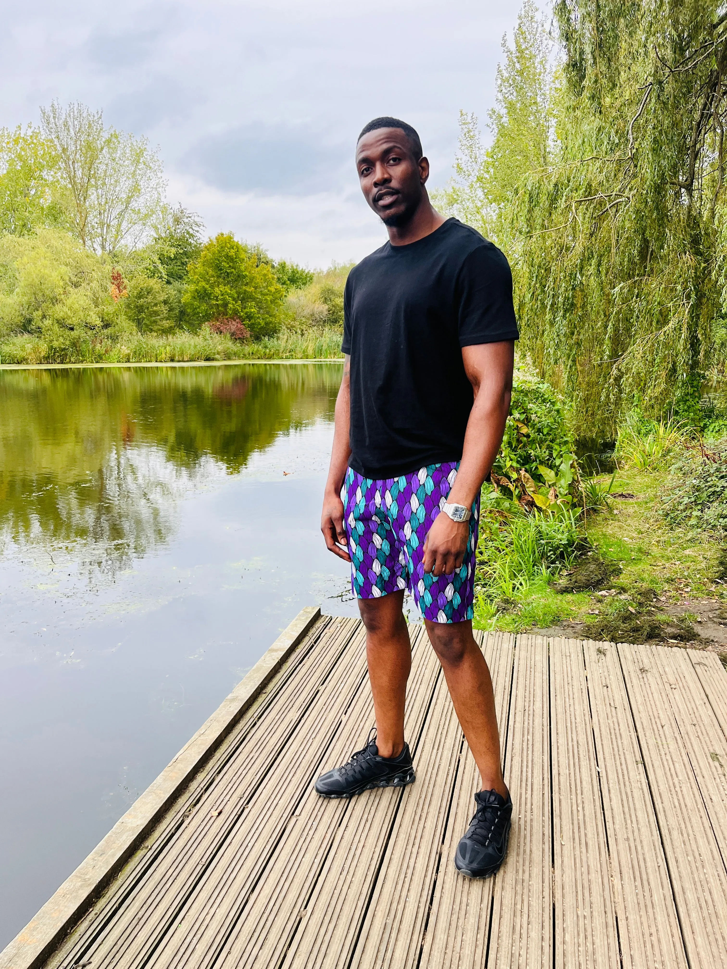 The Bassi Men Ankara African Print Shorts in Purple by Eldimaa Fashion