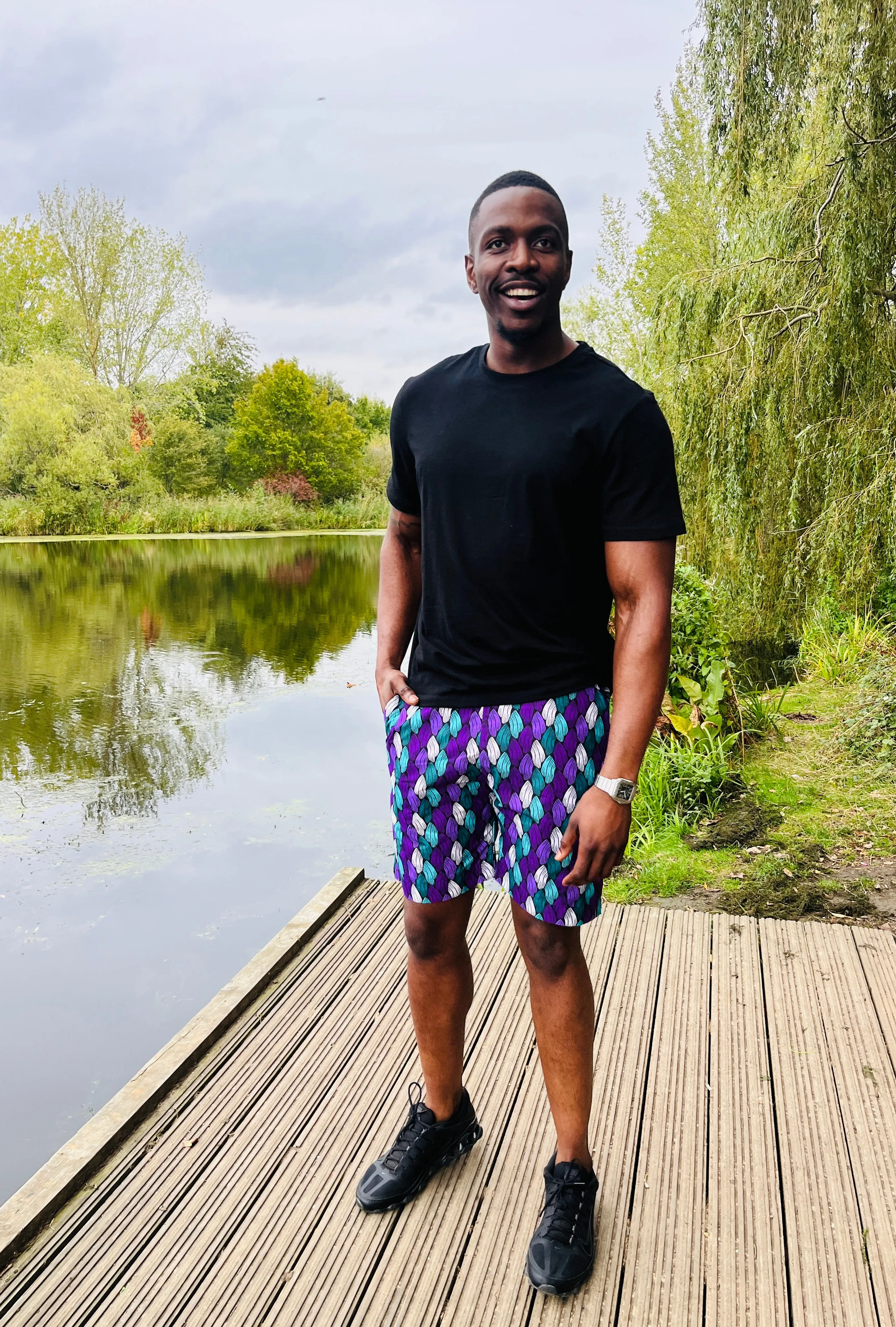 The Bassi Men Ankara African Print Shorts in Purple by Eldimaa Fashion