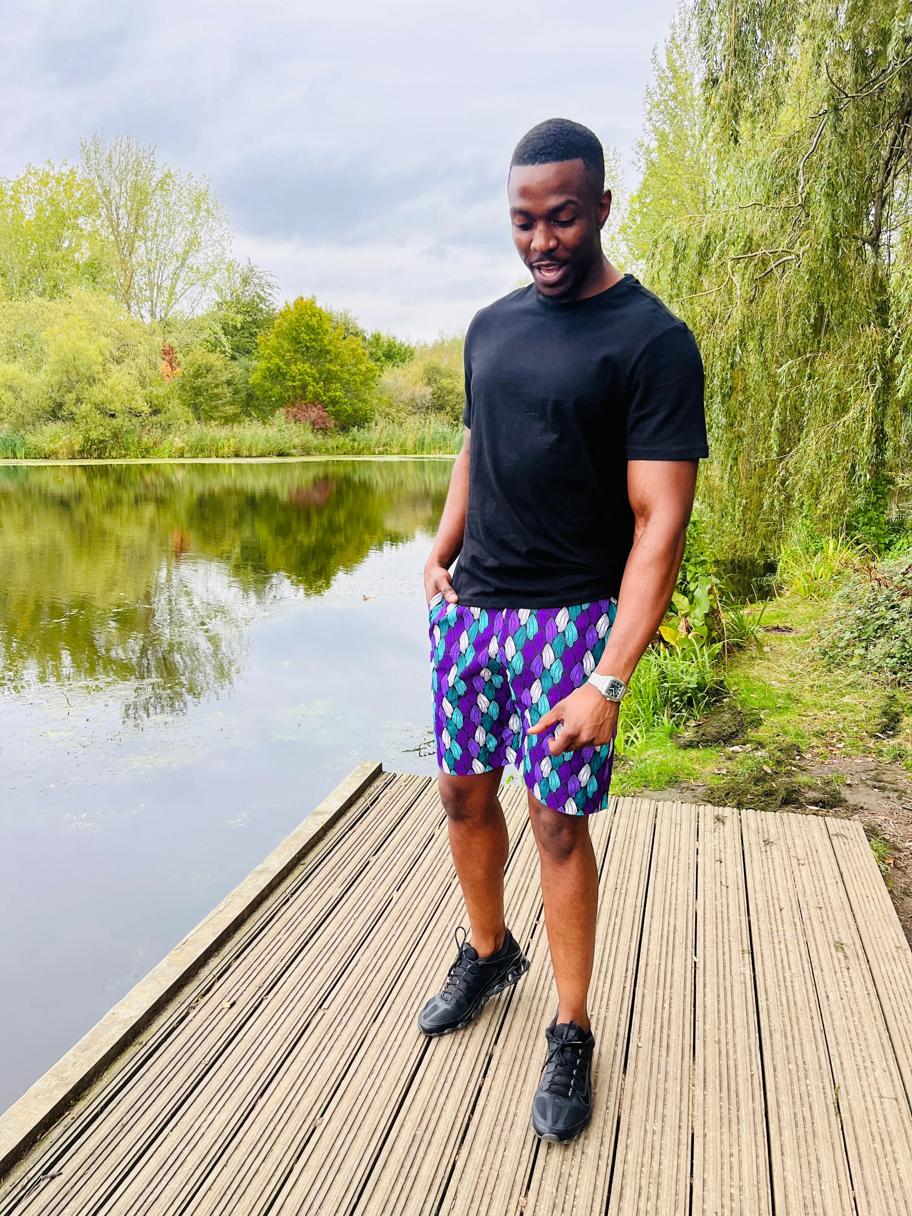 The Bassi Men Ankara African Print Shorts in Purple by Eldimaa Fashion